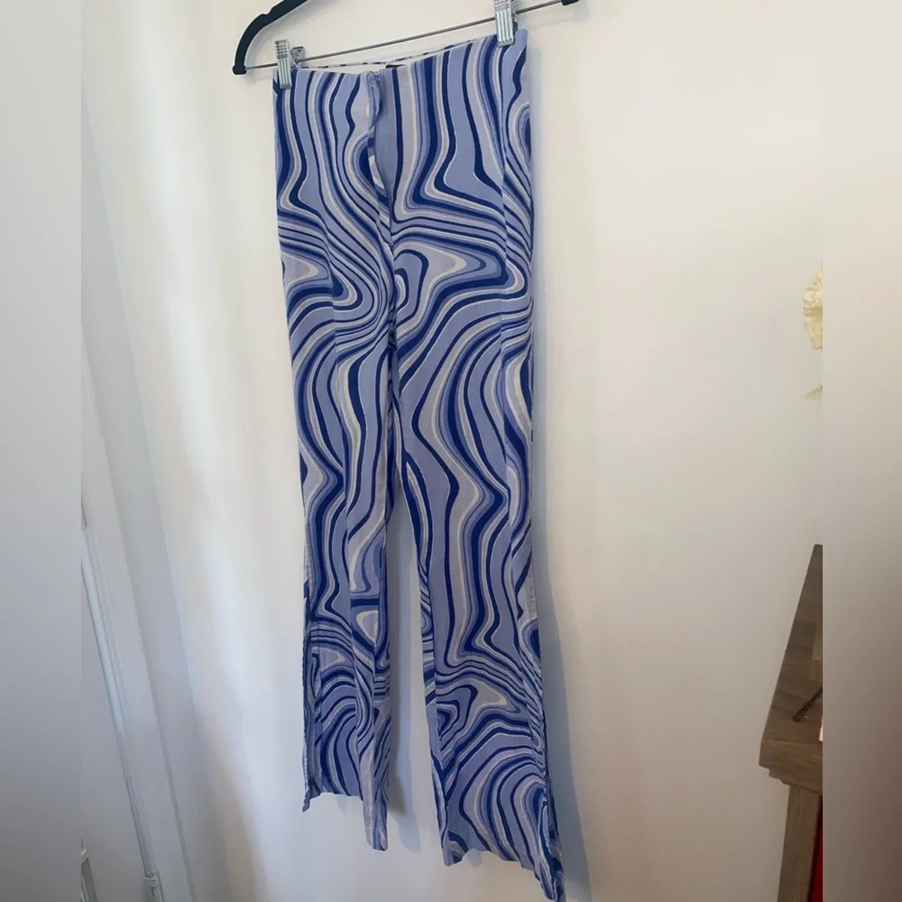 Zara Blue & White Psychedelics Swirl Flare Linen Pants, sz Small